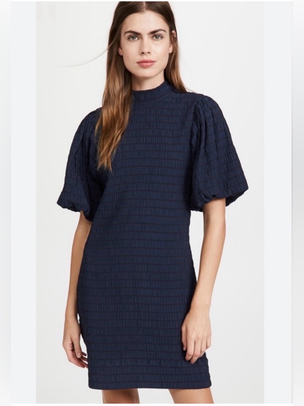 Scotch & Soda Navy Textured Voluminous Puff-Sleeve Mini Dress (Small)